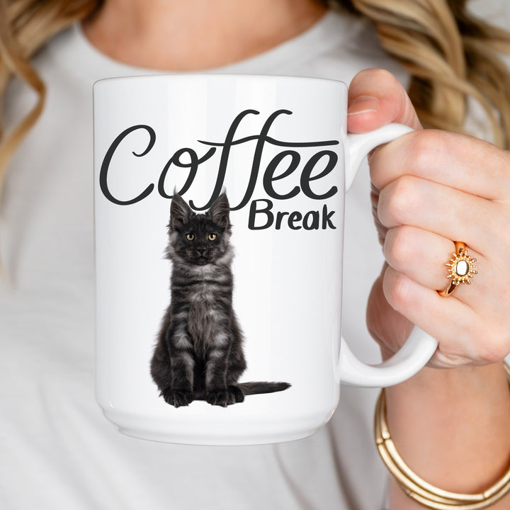 Black Cat Coffee Break Coffee Mug, Maine Coon Cat Lover Coffee Mug