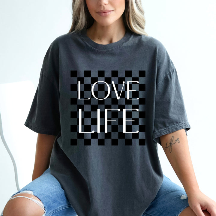 Retro Checkered Pattern Love Life T Shirt